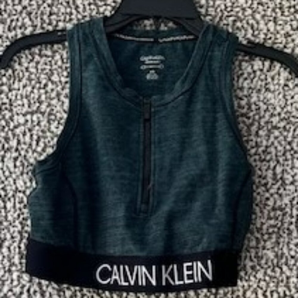 CALVIN KLEIN Black and Green Zipper Front Sports Bra